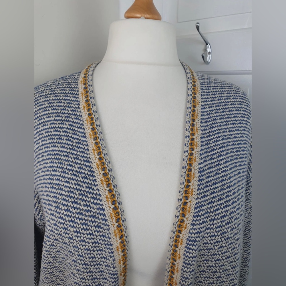WOOLOVERS White Blue Yellow Trim Edge To Edge Cardigan Size L
